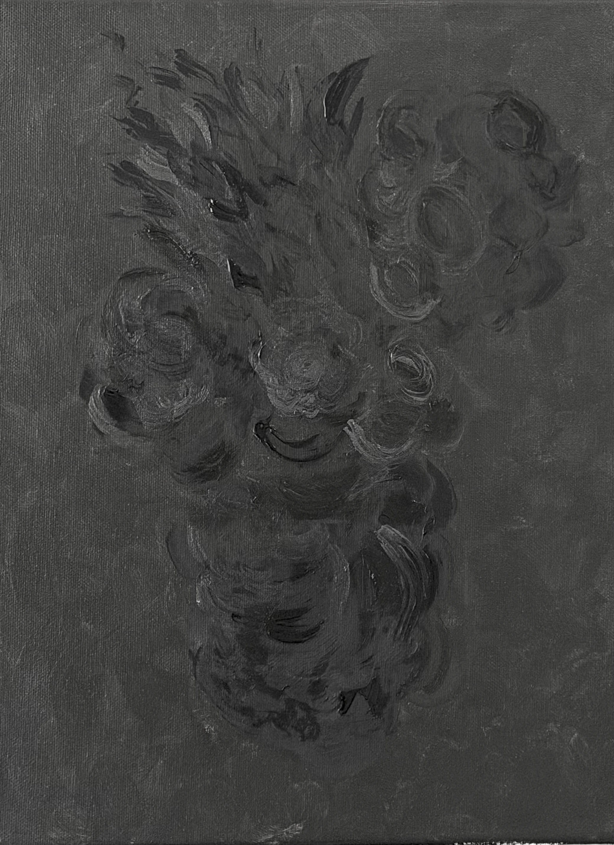 Monochromatic acrylic painting with layered, swirling forms emerging from dark tones, requiring viewer attention to perceive detail.