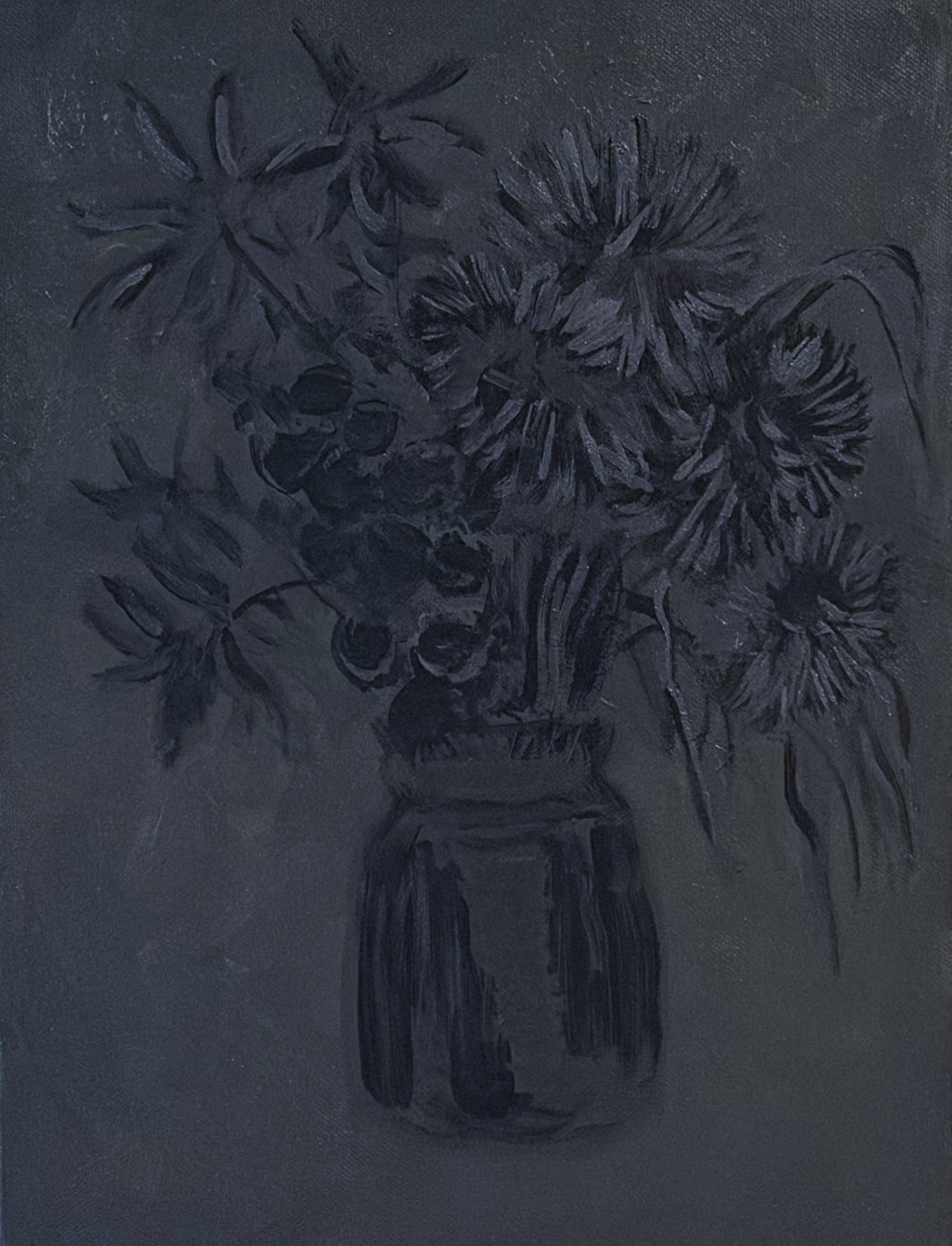 Dark monochromatic acrylic painting of flowers in a cylindrical vessel with expressive, gestural brushstrokes