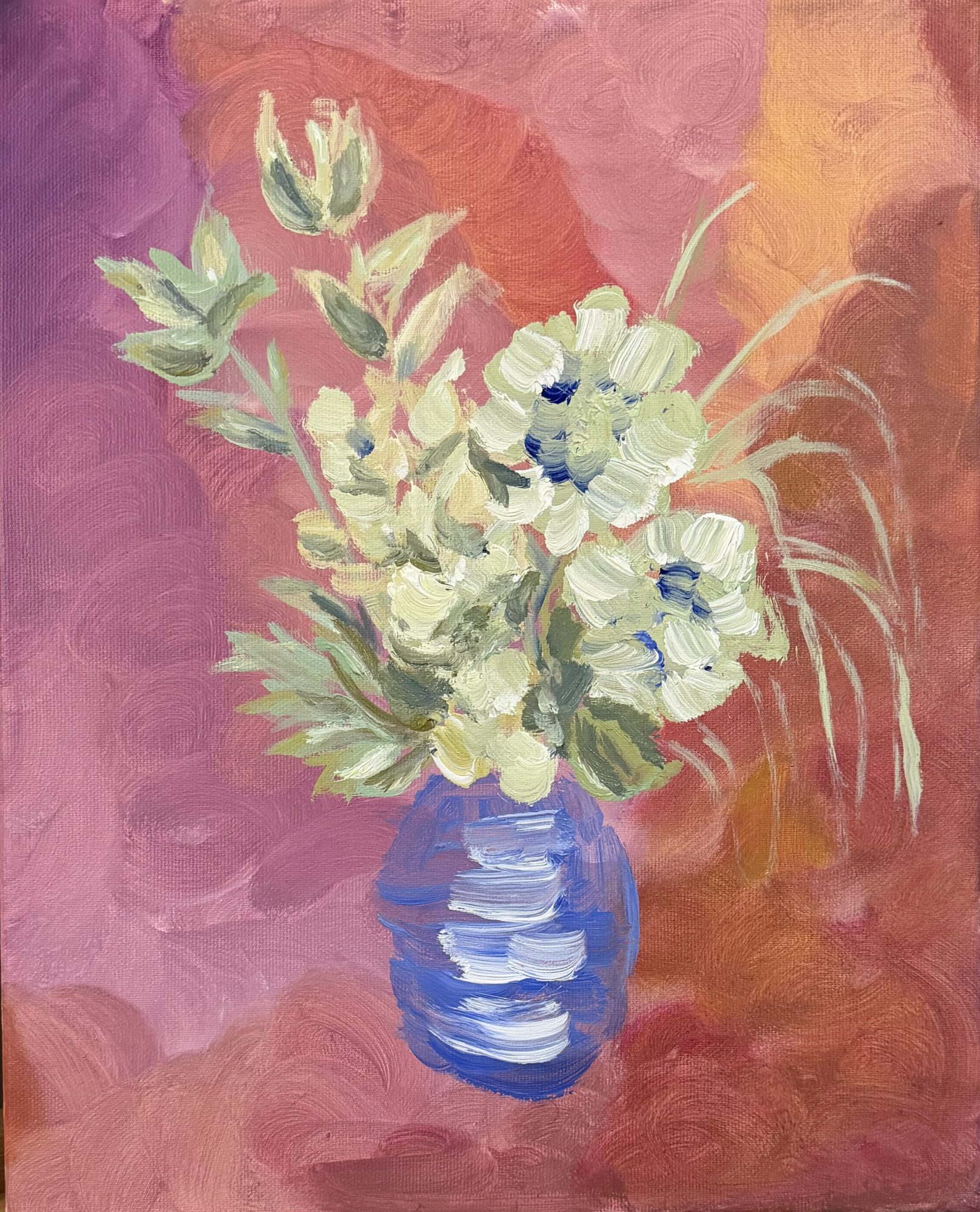 White flowers with blue stamens arranged in a blue striped vase against a gradient pink and orange background.
