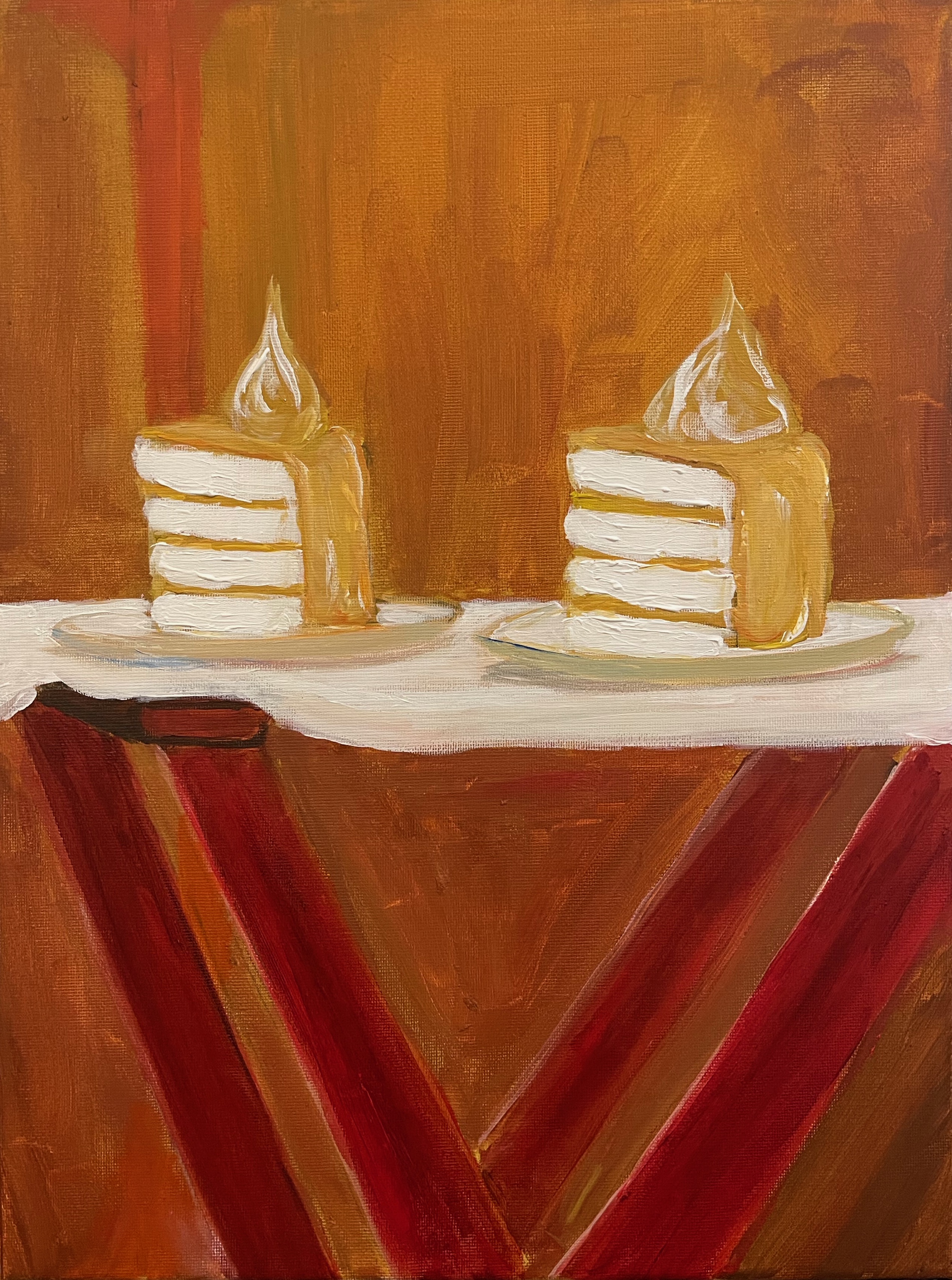 Two layered cakes with lit candles on white plates against a warm orange and red striped background in acrylic paint.