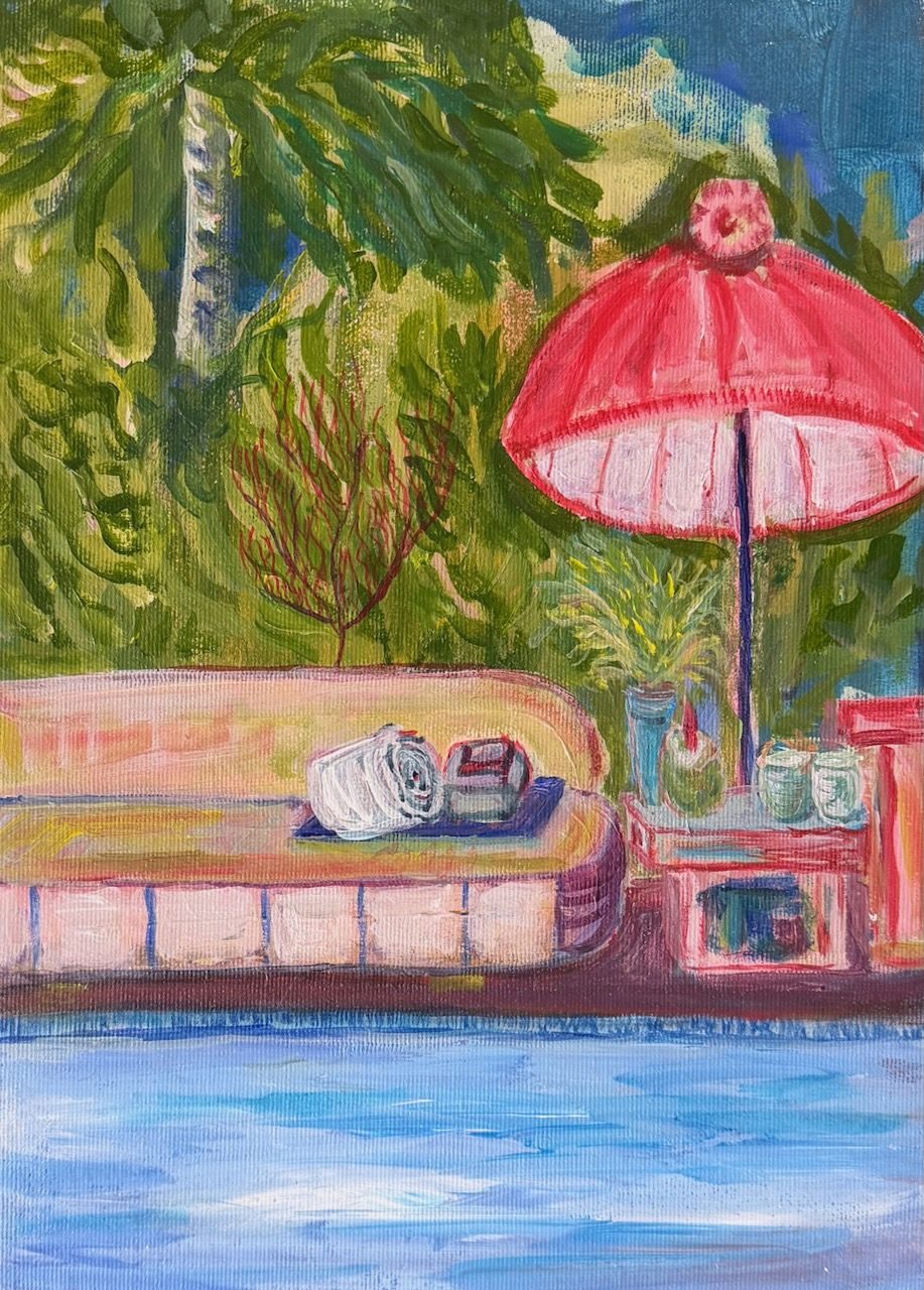 A whimsical painting of a waterfront scene with a pink umbrella, bench, and retro boathouse by calm blue water. Riccardo Wolfgang